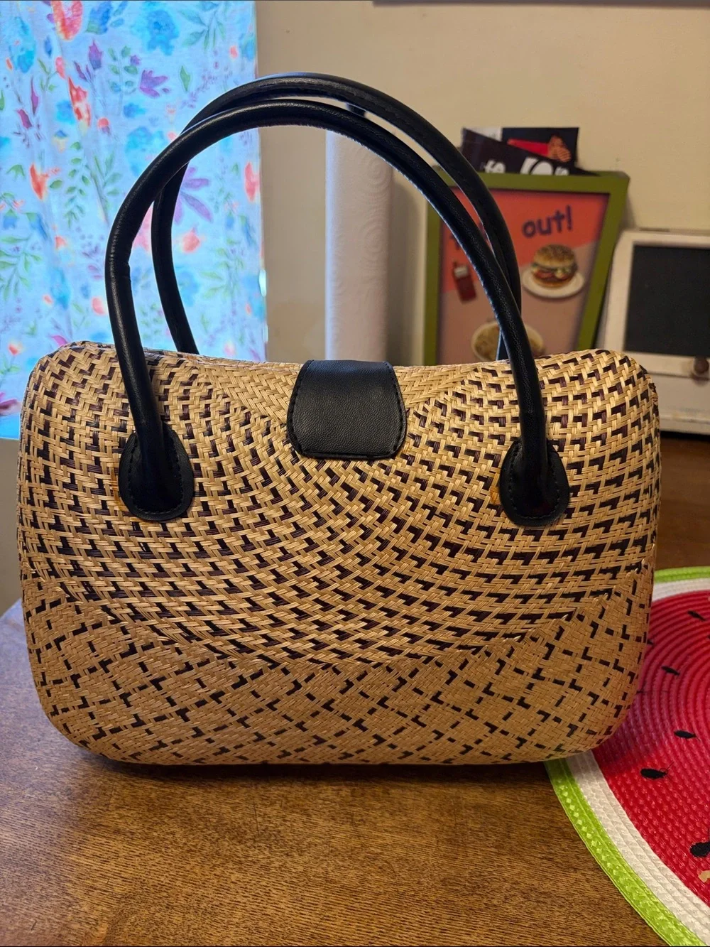 Woven Straw Satchel with Black Trim and Handles